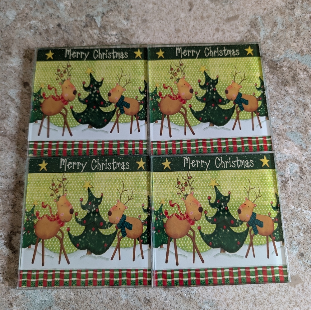 Set of 4 MERRY CHRISTMAS Tree Reindeer Glass Coasters 4"